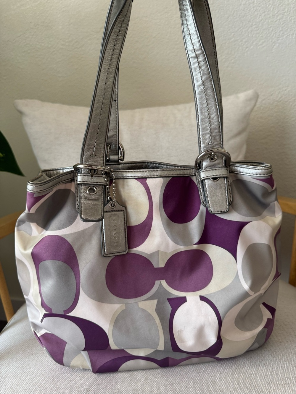 Coach Tricolor Signature Scarf Print Metallic Silver Leather Trim Shoulder Purse